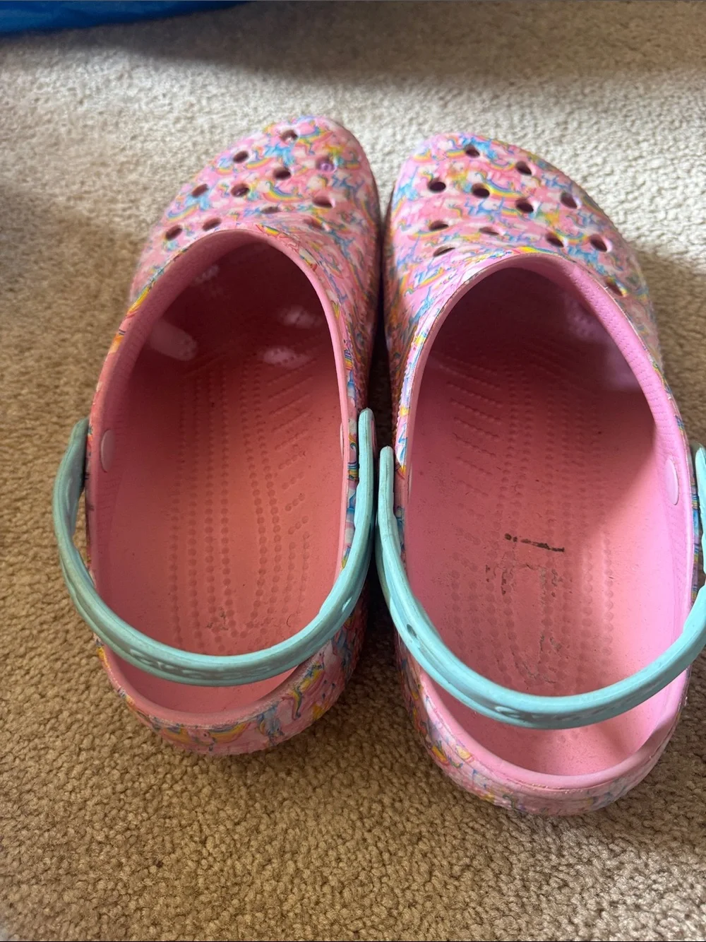 CROCS rare Lisa frank collab Pink Unicorn & Rainbow Clogs with Mint Strap
